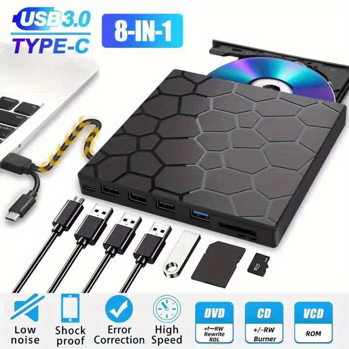 SlimBurn 8 — Unidad Externa CD/DVD 8 en 1 USB 3.0 para Laptop y PC