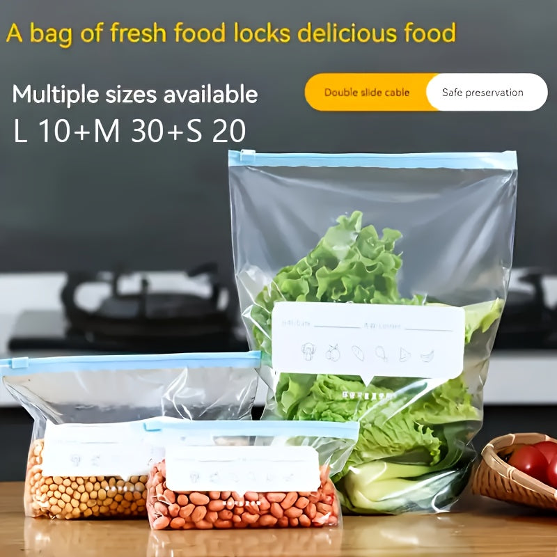 ZipFresh HM — Set de 60 Bolsas de Almacenamiento de Alimentos con Cierre Deslizante (3 Tamaños, Cuadradas, Aptas para Congelador)