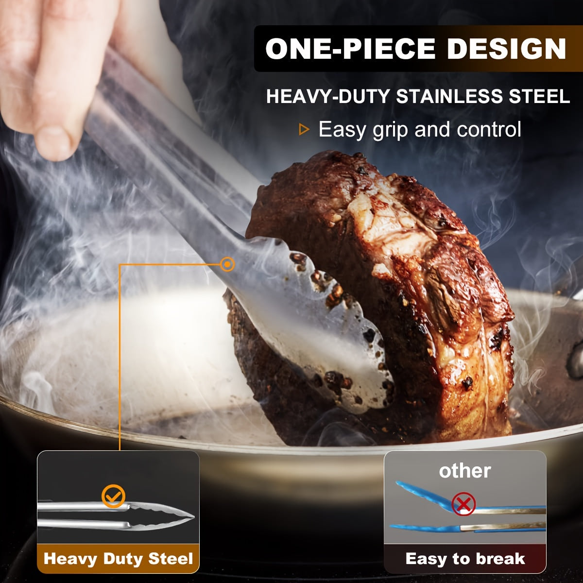 GripChef XL — Set de 3 Pinzas de Cocina en Acero Inoxidable 304 (Diseño con Bloqueo, Resistentes al Calor, Antideslizantes)