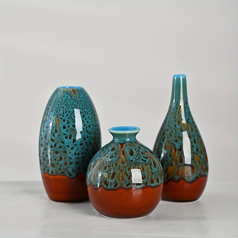 BohoBloom VA — Set de 3 Mini Jarrones de Cerámica Azul (Acabado Mate, Estilo Bohemio Moderno)