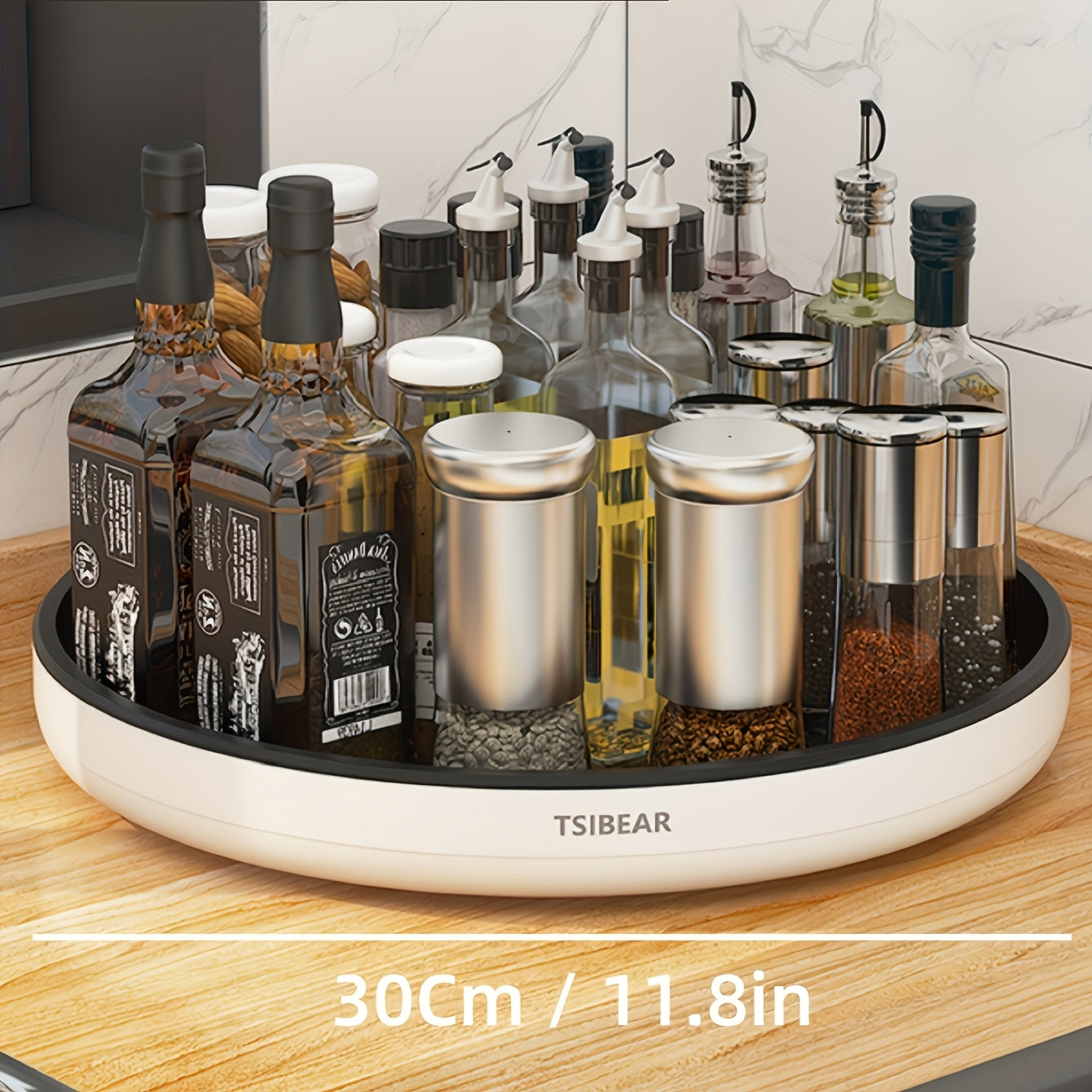 1pc 360° Rotating Kitchen Turntable Organizer - Space-Saving Countertop Spice Rack with Sliding Shelves & Multi-Compartment Storage, Durable Plastic White Turntable for Spices, Condiments, Cooking Oils, Sauces - Compact Mode
