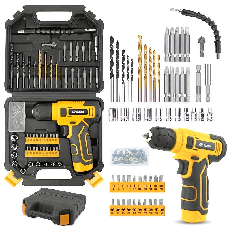 Hi-Spec 8V Cordless Electric Tool Set with Lithium-Ion Battery & Charger, Cordless Drill/Driver, Impact Driver, Screwdriver Kit, Wrench Set, Impact Socket Set, Torx Bits, Power Tool Kit with Carrying Case - Heavy-Duty All-in-