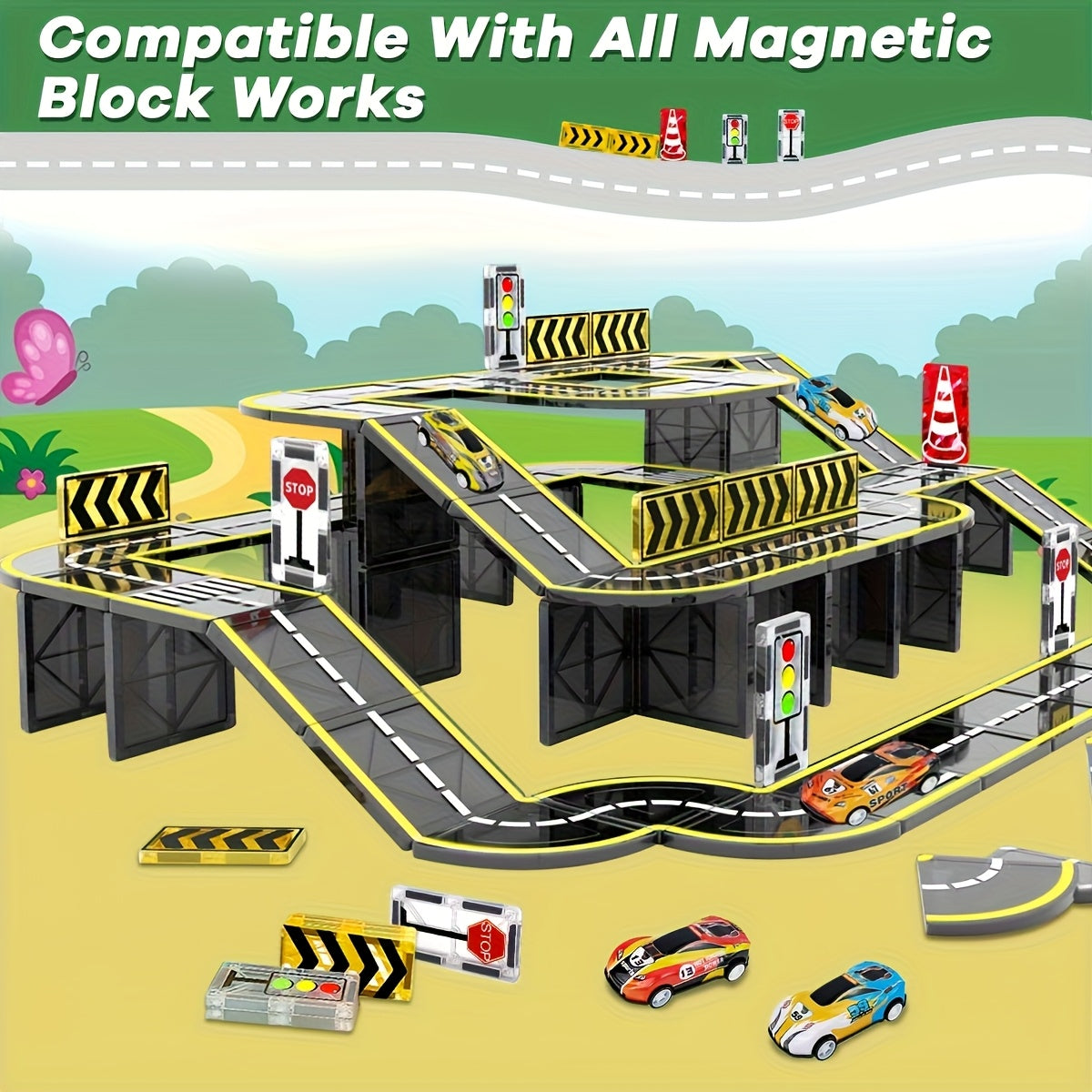 Magical Road Set with Magnetic Road Indicators, Toy Cars, and Magnetic Building Blocks STEM Educational Creative Construction Toys for Kids - Random Colors