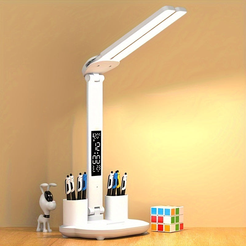 Foldable LED Desk Lamp with Digital Clock & Calendar Display, USB-Powered Touch Control, Sleek White Design for Bedroom Bedside Reading - Includes USB Cable, Bedside Reading Light | Modern Desk Lamp | Foldable Lamp, Desk Lamp
