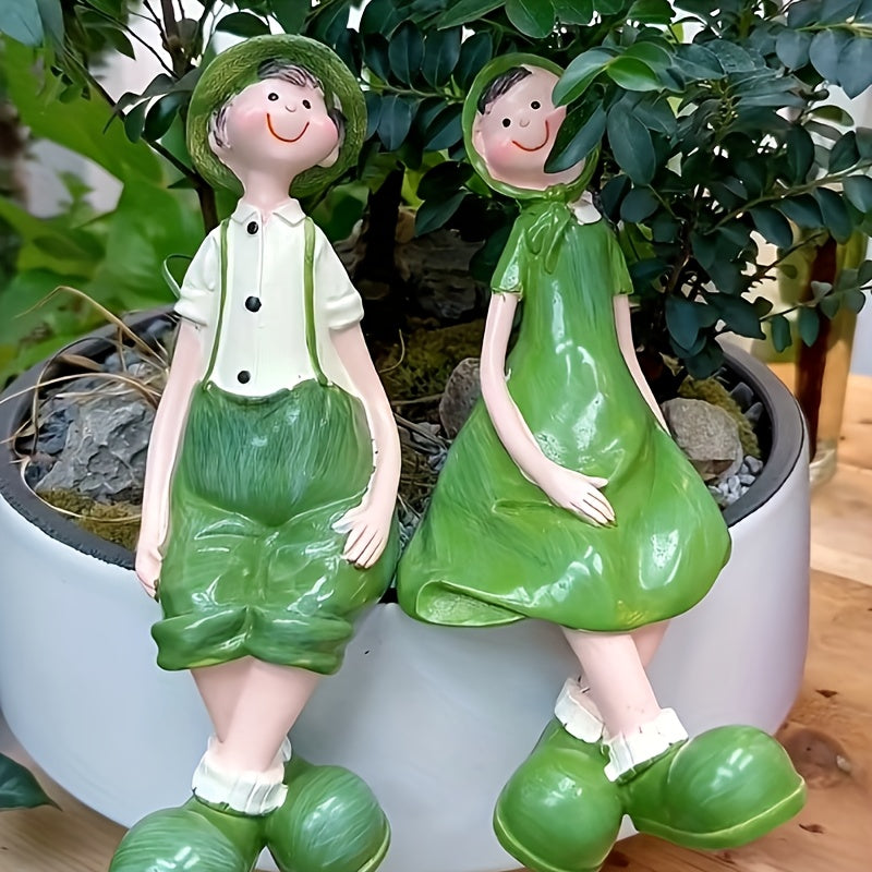 2pcs Whimsical Green Resin Figurines with White Shirts - Hand-Painted Outdoor Garden Decor, Ideal for Weddings & Home Decoration, No Batteries Needed, Outdoor Garden Decorations