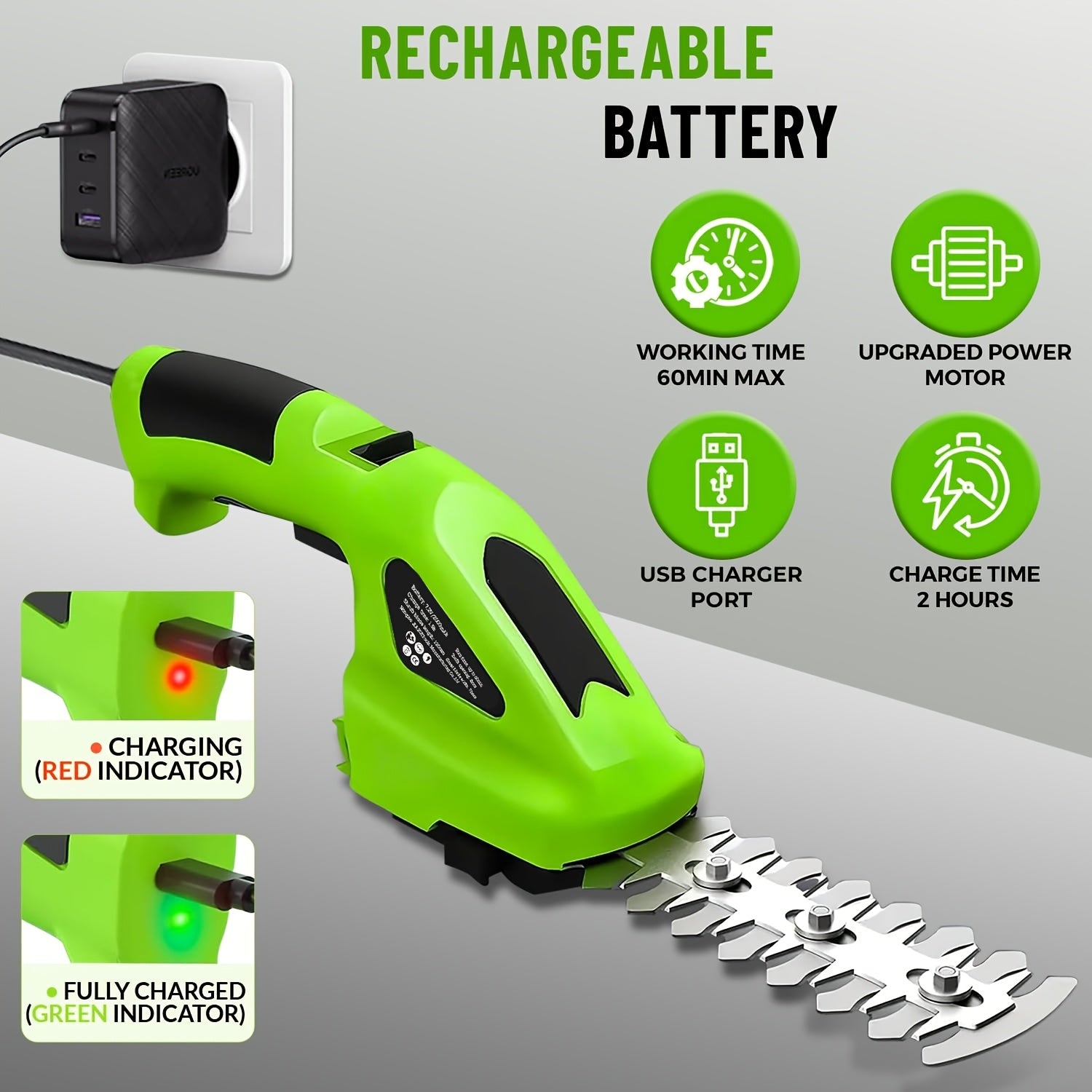 2-in-1 Cordless Electric Grass Shears Hedge Trimmer, 7.2V Rechargeable Lithium Battery Powered, USB Type-C Compatible, Alloy Steel Blade, Lightweight Design for Garden and Lawn Care