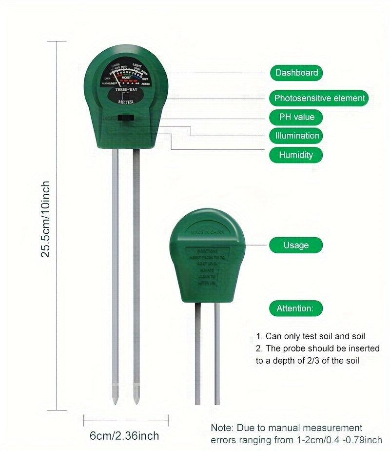 EcoSense CZDANG — Medidor de Suelo 3 en 1 sin Batería (Humedad, pH y Luz Solar)