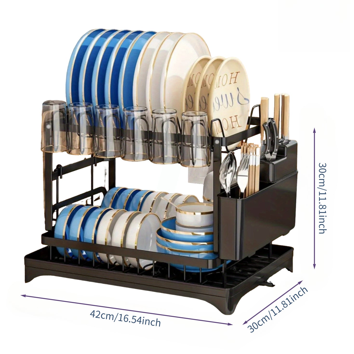 Heavy-Duty Carbon Steel Kitchen Dish Rack - Space-Saving Two-Tier Organizer with Drainage System, Compact Countertop Organizer for Plates, Bowls, Cups, Knives, Spoons - Ideal for Small Kitchens, Apartments, Restaurants - Easy