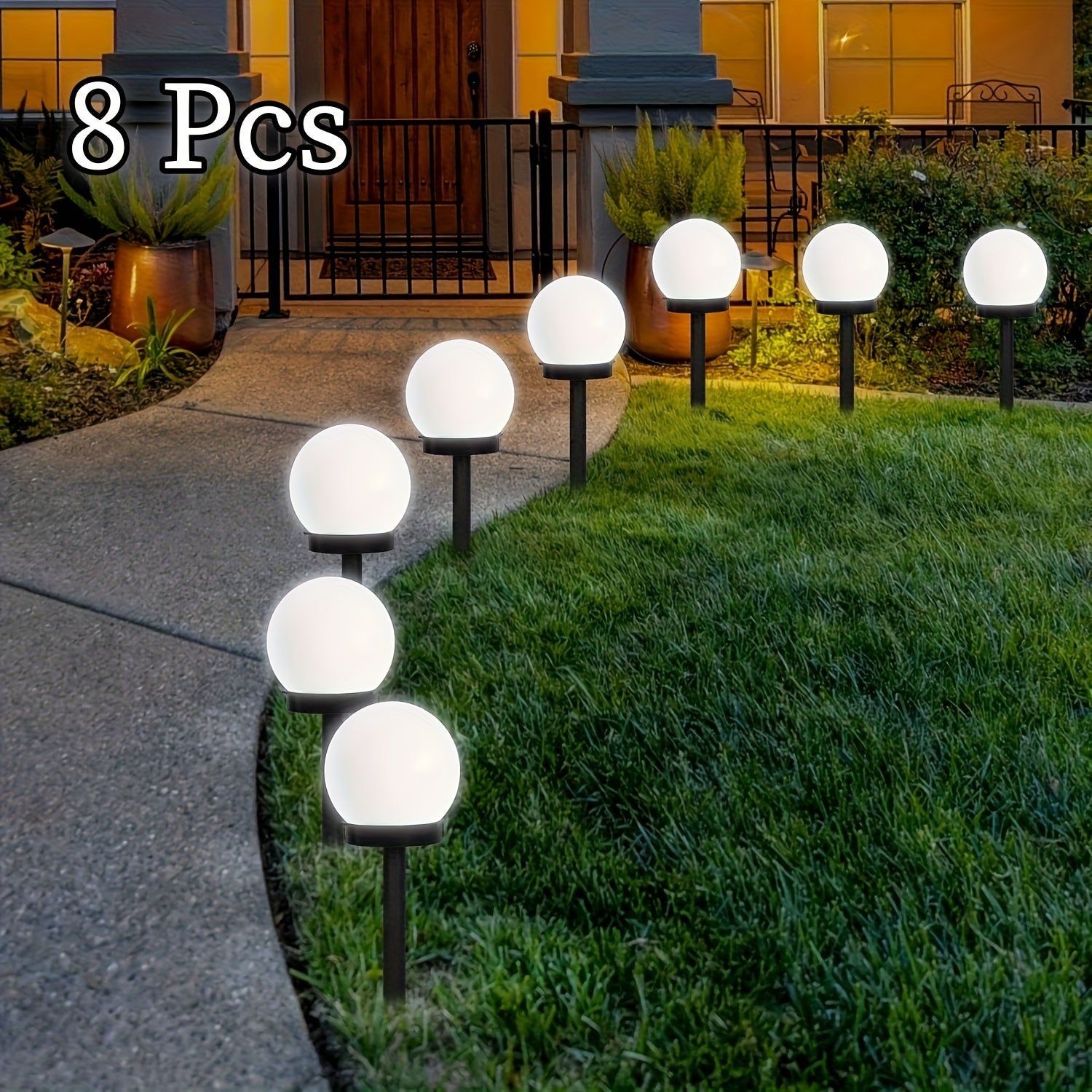 8pcs Solar-Powered LED Spherical Garden Lights - White Outdoor Pathway Lighting, Durable Plastic Auto On/Off Solar Lights for Lawn, Yard, Patio, Christmas & Wedding Decor, Solar Outdoor Lights, Lawn Decoration, Decorative Acc