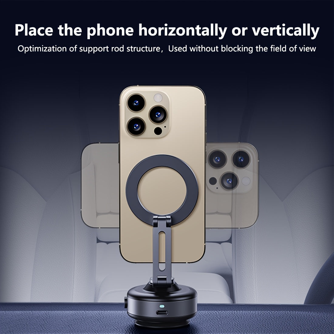 Dark Grey Magnetic Car Mount with 360° Rotation - Durable Aluminum Alloy, Strong Adhesion, Adjustable Stand for iPhone and Android Devices, Perfect for Live Streaming in Car, Gym, Mirror, Smooth Surface, Includes Magnetic Lo