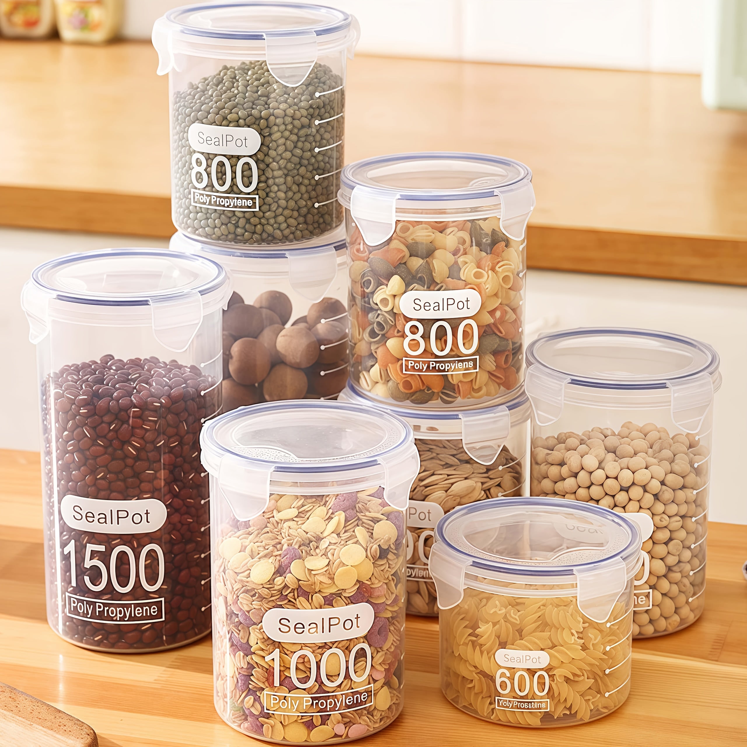 4pcs Large Airtight Grain Storage Jars with Lids - Transparent Pantry Containers, Stackable Kitchen Canisters for Dry Goods, Beans, Rice, Pasta - Leakproof Flip-Top Lid & Easy-Clean Base - Space-Saving Organizer for Pantry, R