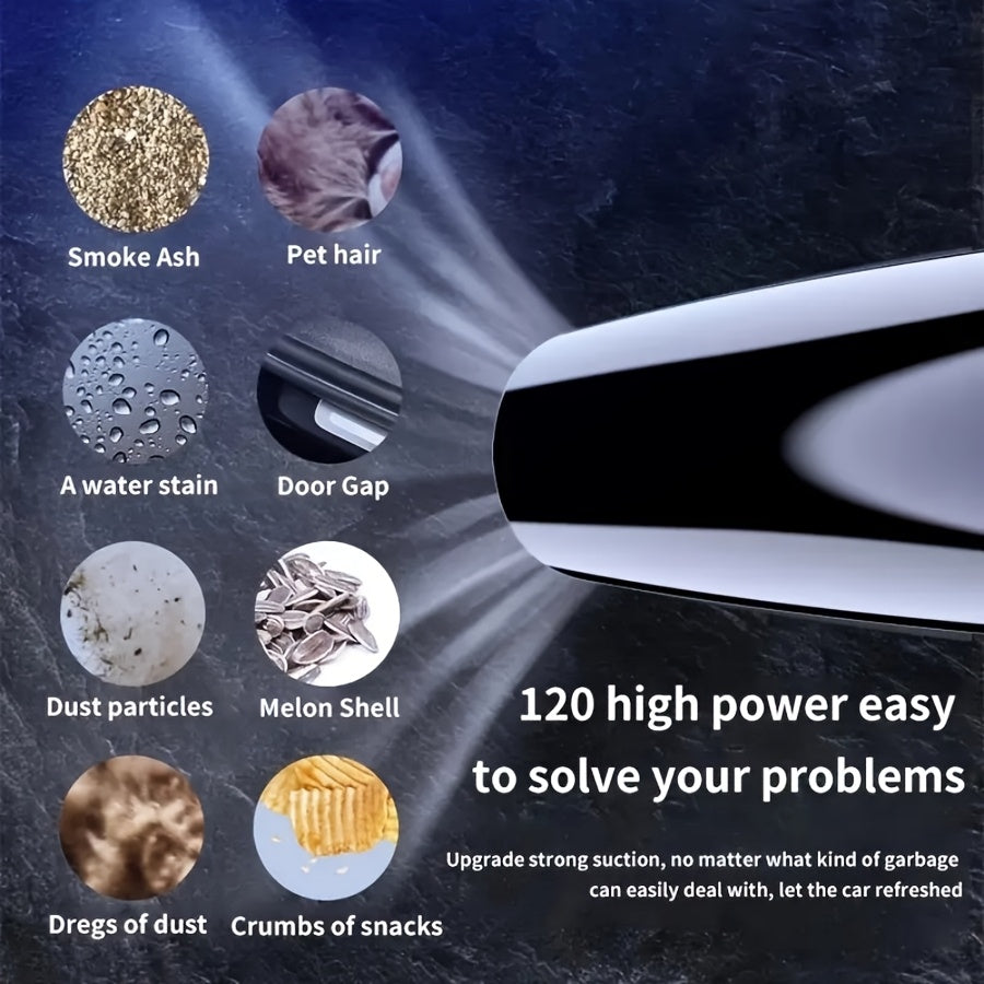 120 High Power 38000r/min Super Suction Handheld Vacuum Cleaner - Lightweight Portable Design with Long Hose, Brush & Flat Mouths, Ergonomic Handle for Home & Car Use, Car Vacuum Cleaner, Sleek Metallic Finish, Durable Constr