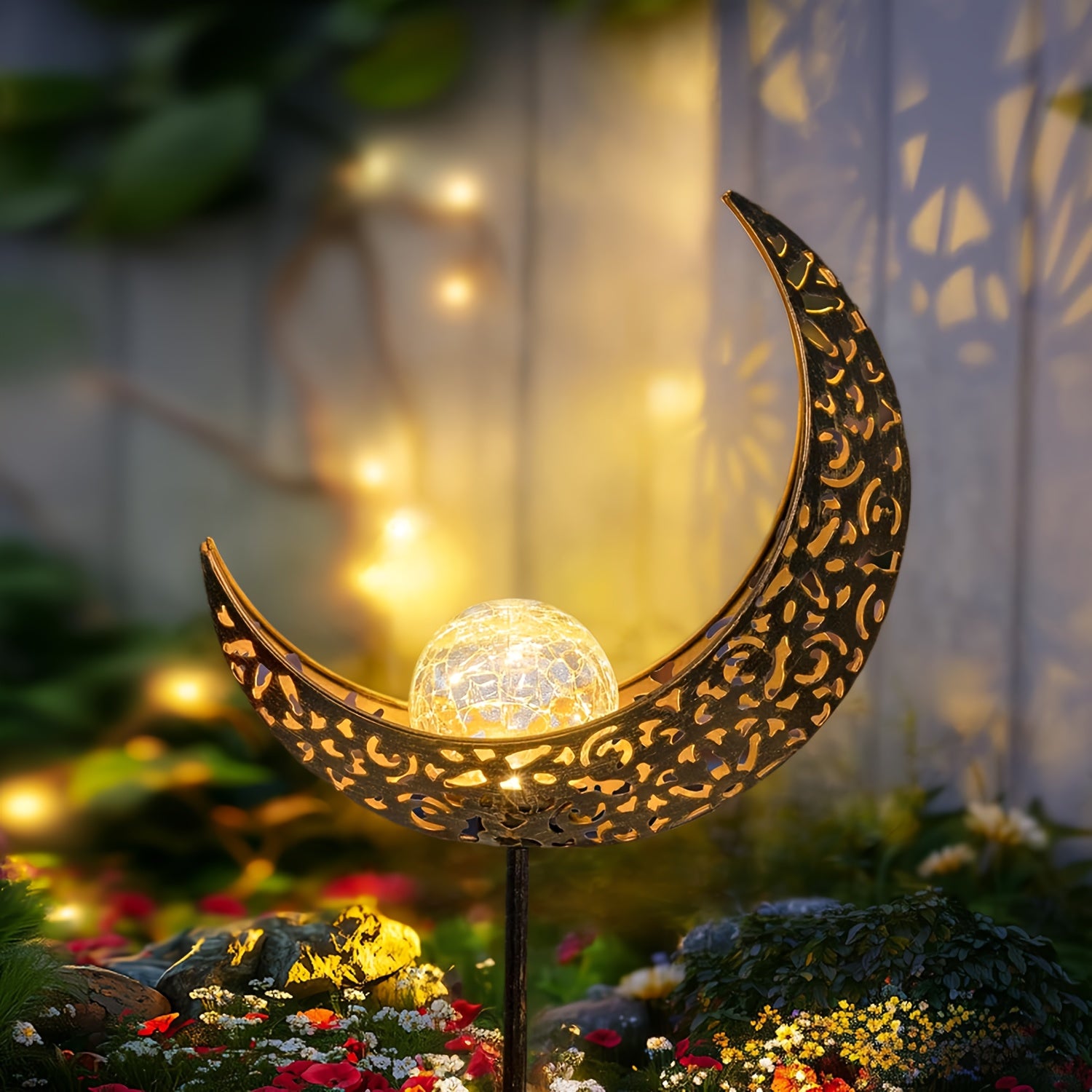 BEAKJEONG Solar-Powered Outdoor Moon Light with Motion Sensor & 3D Glowing Moon Effect - IP65 Waterproof & Rustproof Metal/ABS Construction, 39.88cm Large Solar Garden Lamp for Pathway, Patio, RV, Camping - Warm White LED Moo