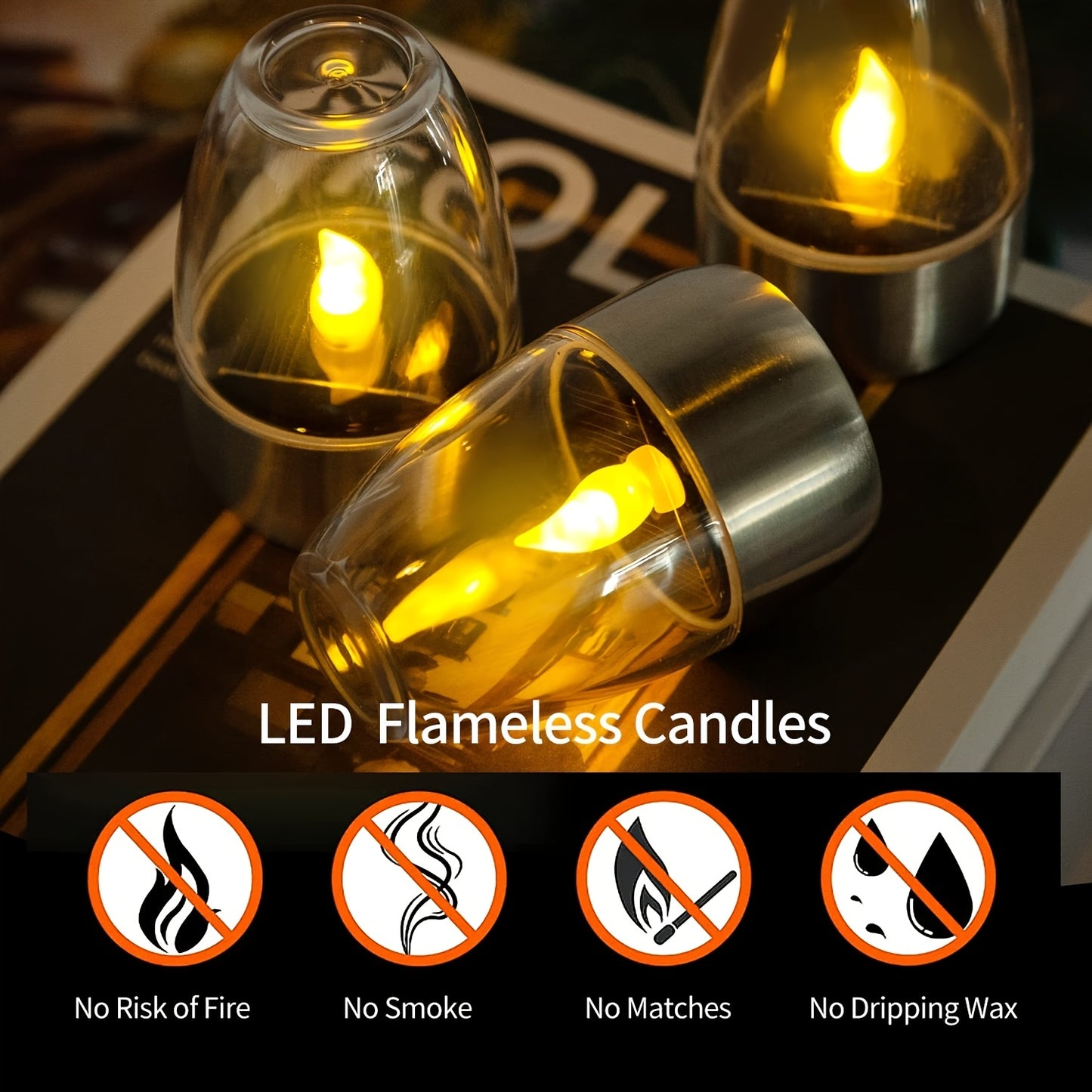 Solar Flame Set — 6 Velas LED Solares de Acero Inoxidable