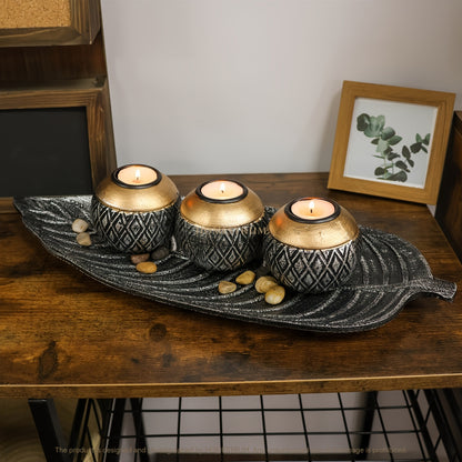Leaf Harmony — Set de Portavelas de Madera con Bandeja y Esferas