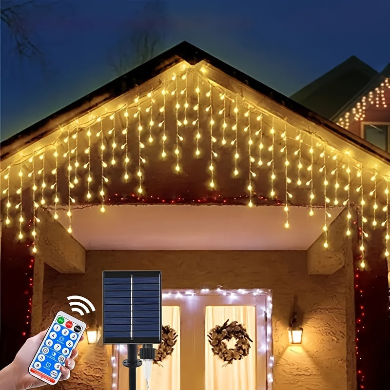 1 pack, outdoor solar 59.98meter x 7.19meter curtain cord light, IPX4, 8 modes of remote control waterfall light, courtyard garden balcony birthday party wedding decoration light, commercial lighting atmosphere string light,
