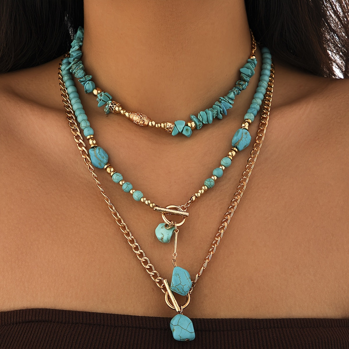 TurquoiseWaves — Set de Collar Bohemio en Capas con Cuentas de Turquesa Sintética