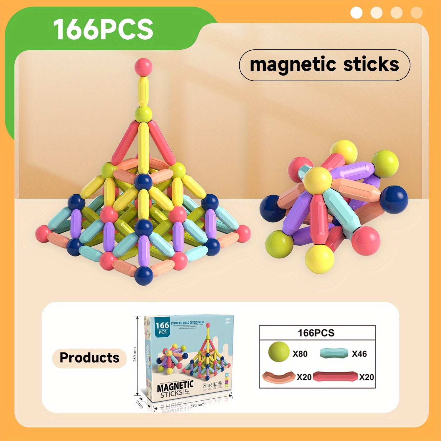 10-166pcs Magnetic Building Blocks for Kids: Magnetic Stick Game for 3 4 5 Years Old Toddlers - STEM Starter Toy for Kids Age 3-5 Preschool - Birthday Gift for Boys Girls