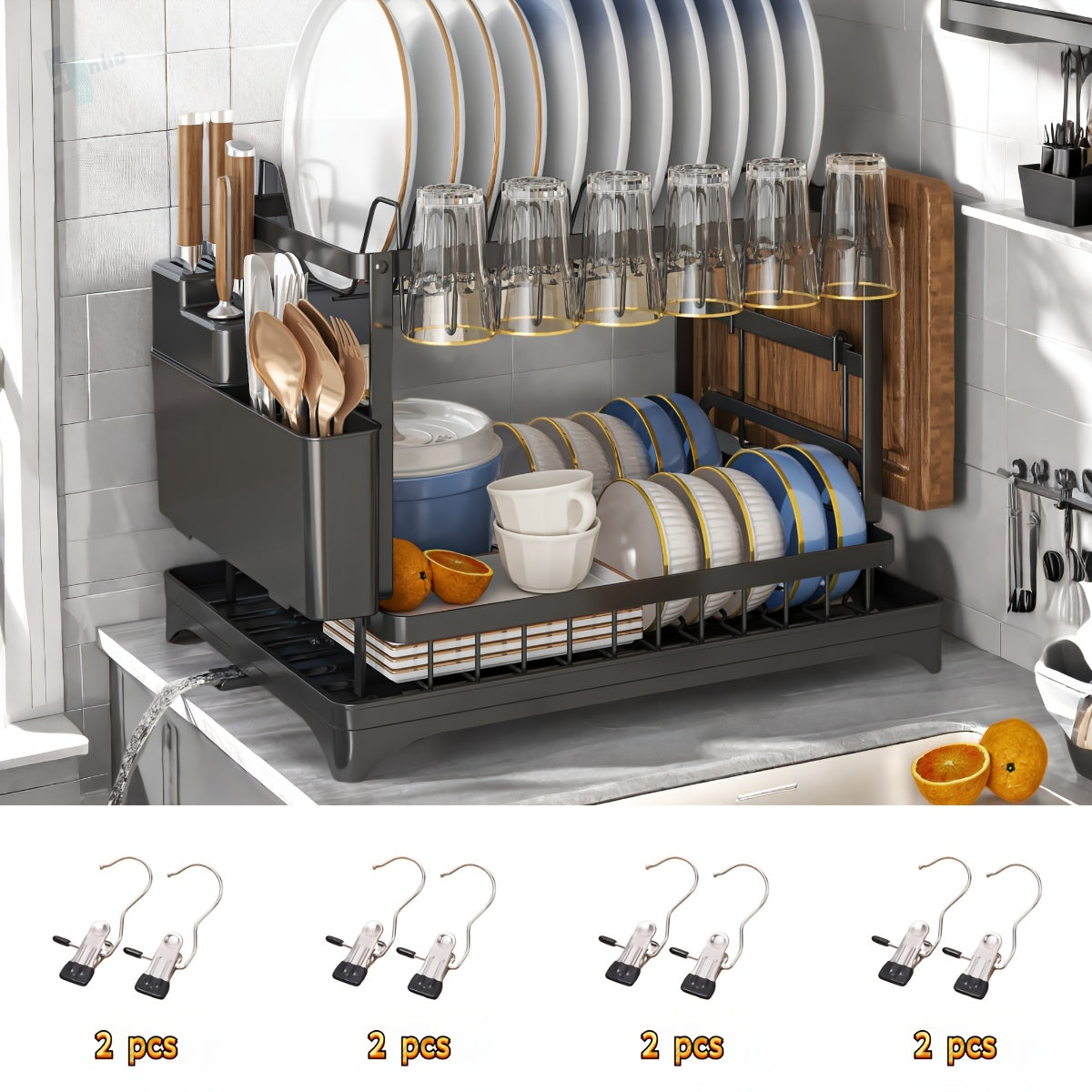 Heavy-Duty Carbon Steel Kitchen Dish Rack - Space-Saving Two-Tier Organizer with Drainage System, Compact Countertop Organizer for Plates, Bowls, Cups, Knives, Spoons - Ideal for Small Kitchens, Apartments, Restaurants - Easy