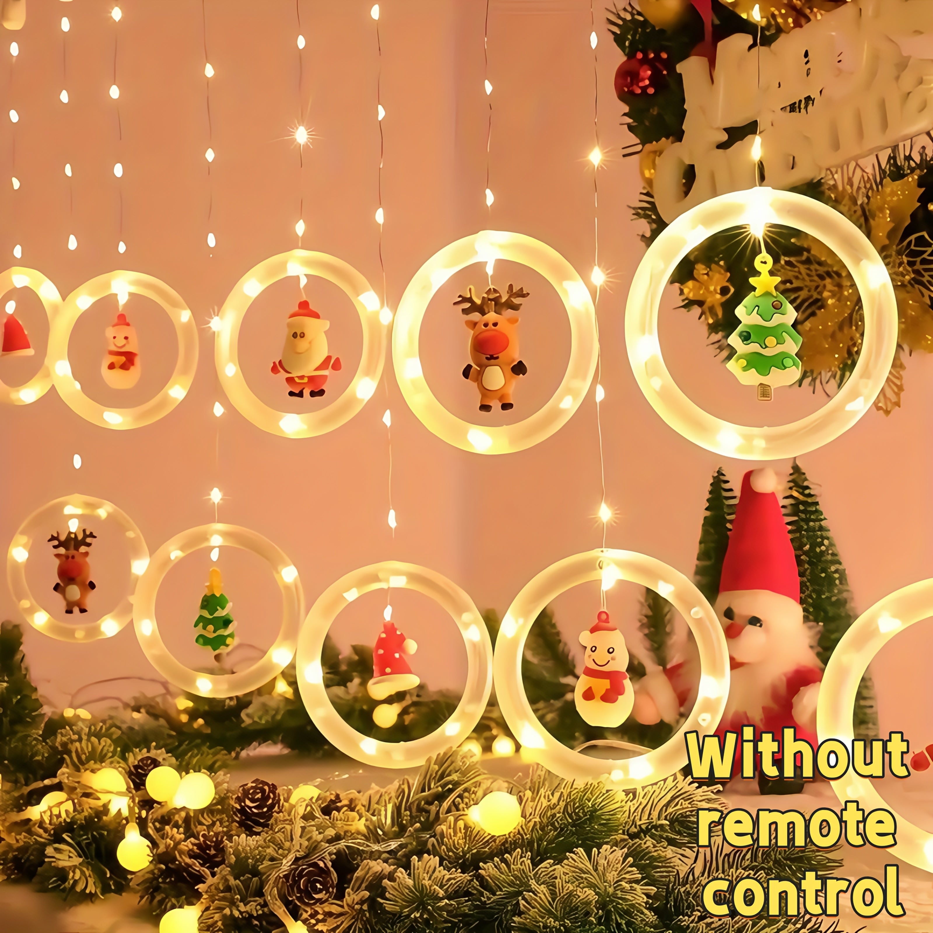 Rustic Christmas LED Curtain Lights Set - Santa, Reindeer, Snowman & Tree Designs | USB Powered Festive String Lights for Home, Bedroom & Party Decor, Key Control, White, Glamorous Style, Plastic Material