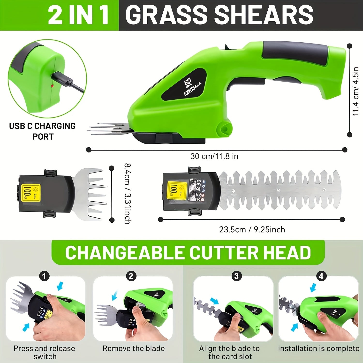2-in-1 Cordless Electric Grass Shears Hedge Trimmer, 7.2V Rechargeable Lithium Battery Powered, USB Type-C Compatible, Alloy Steel Blade, Lightweight Design for Garden and Lawn Care