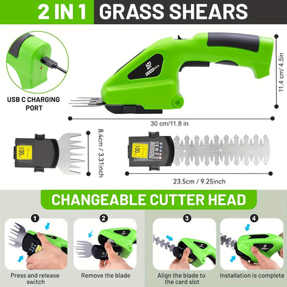 TrimFlex KV — Cortasetos y Tijeras de Césped Eléctricas 2 en 1 (Inalámbricas, Recargables por USB Tipo-C, Hoja de Acero Aleado)