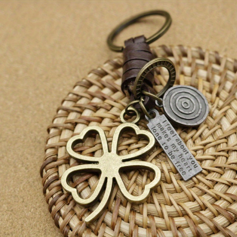 Men's Vintage Clover Keychain | Zinc Alloy with Heart Detail | Bronze Finish & Braided Faux Leather Strap | Casual Style | Durable Metal Charm for Keys and Accessories, Key Organization | Vintage Keychain | Spiral Metal Accen
