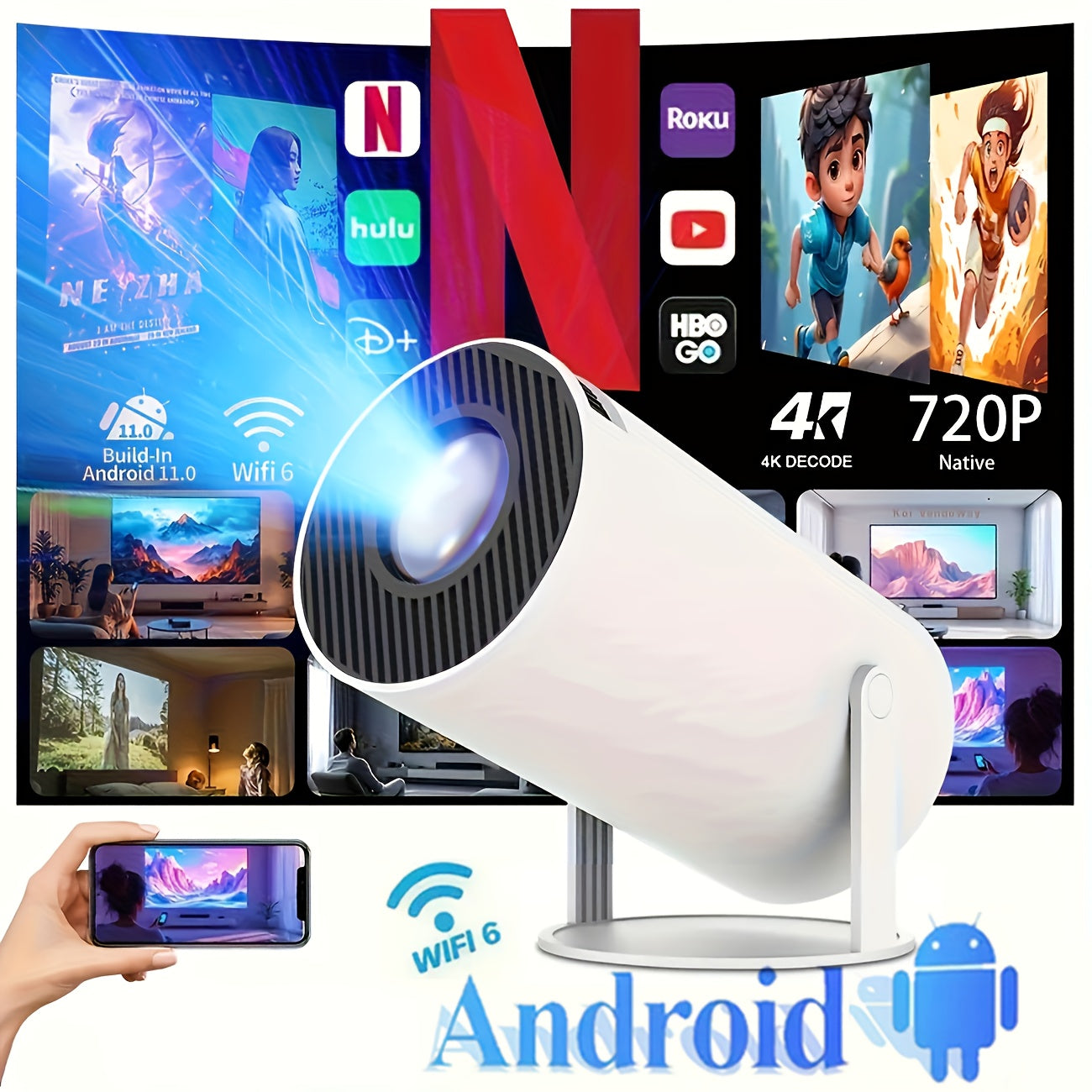 Smart HD Projector with Built-in Android 11 OS, WiFi & BT5.0, 200 Lumens, High-Fidelity Speakers, 720P Native Resolution, 4K Decoding, Clear Bright Colors, 180° Flexible Projection Angle – Perfect for Camping, Home Theater