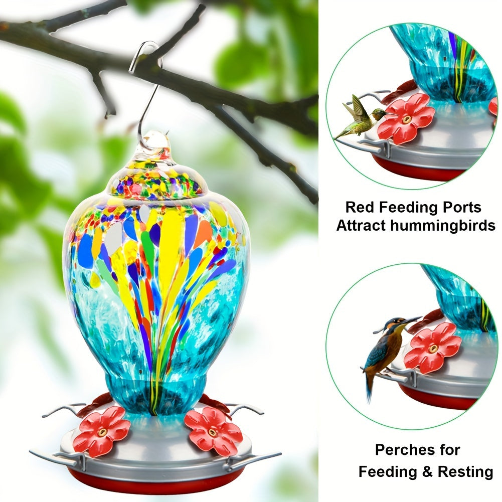 Colorful Hand-Blown Glass Hummingbird Feeder: 32oz (946ml) Capacity, Outdoor Hanging, Ant Moat, No Electricity Required