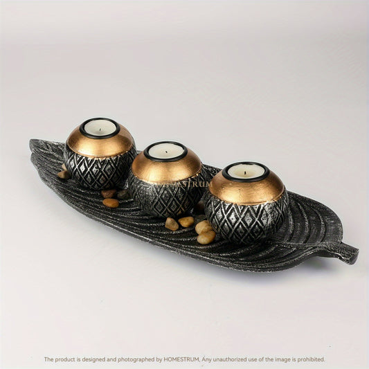 Leaf Harmony — Set de Portavelas de Madera con Bandeja y Esferas