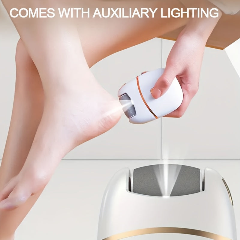 Rechargeable Electric Foot Exfoliator with 6 Replaceable Heads, for Dead Skin Removal and Polishing, USB Powered, a Smooth Two-color Design (White and Golden), Ergonomic Handle for Comfortable Use