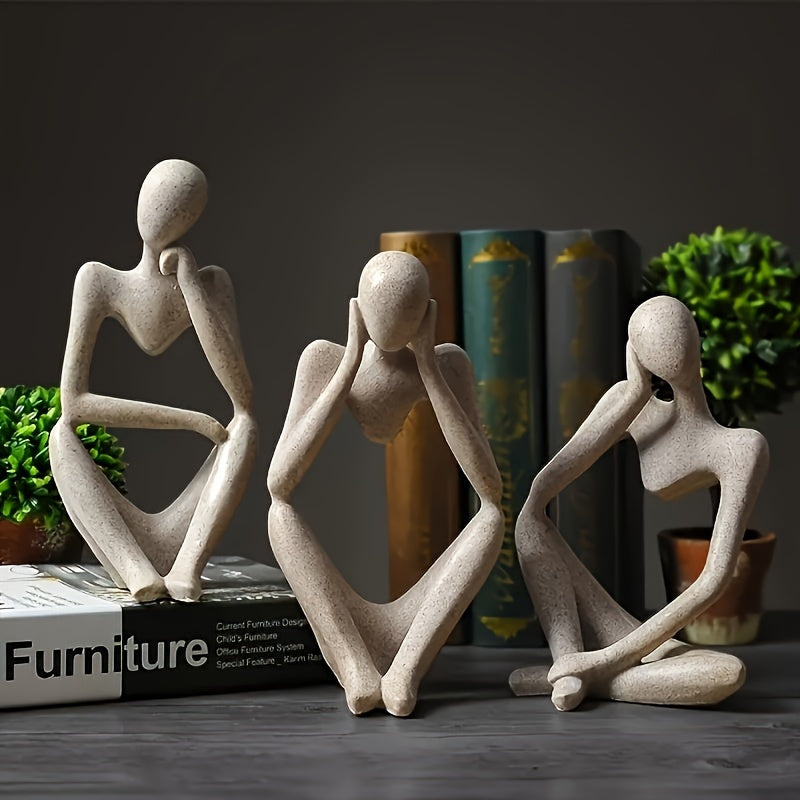 3pcs Abstract Thinker Resin Sculpture Set - Contemporary Art Figurines for Bookshelf & Home Office Decor, Perfect for Room Decor