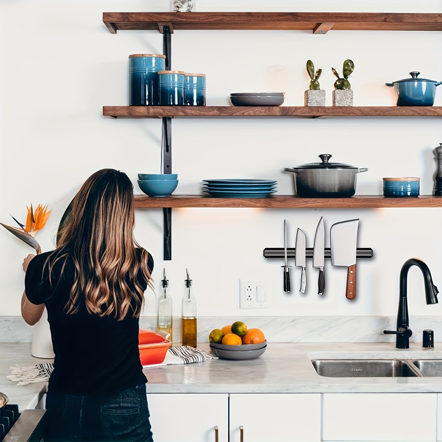 8-Tool Capacity Black Magnetic Wall Mounted Knife Rack - Stylish Kitchen Organizer for Knives, Scissors & More - Durable Plastic, Perfect for Home & Restaurant Use, Kitchen Organization | Modern Kitchen Accessory | Durable Pl