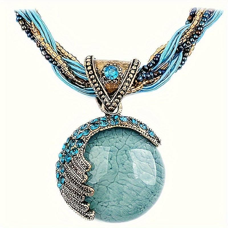 Women'S Vintage Bohemian Necklace - Twisted Rope Chain with Turquoise Rhinestone Pendant, Exaggerated Retro Jewelry for Everyday & Formal Events, Bohemian Party Necklace Gift for Women, Versatile Accessory, Ethnic Style, Arti