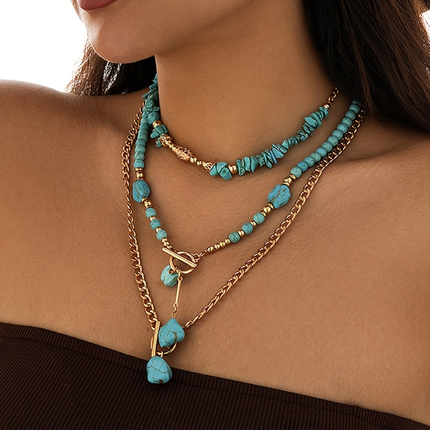 TurquoiseWaves — Set de Collar Bohemio en Capas con Cuentas de Turquesa Sintética