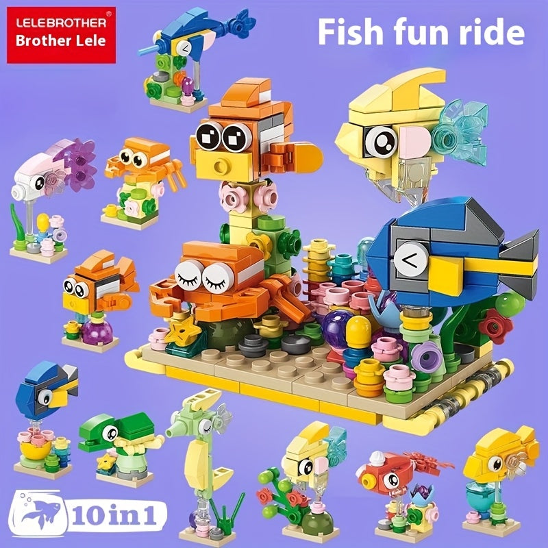 10-in-1 Mini Fish Series Building Block Set, Christmas Gift Assembly Toy, Sea Fish Model Kit, Holiday Birthday Present, Halloween Thanksgiving Tabletop Decoration, 344pcs – Build 10 Small Models or Combine into 1 Large Stru
