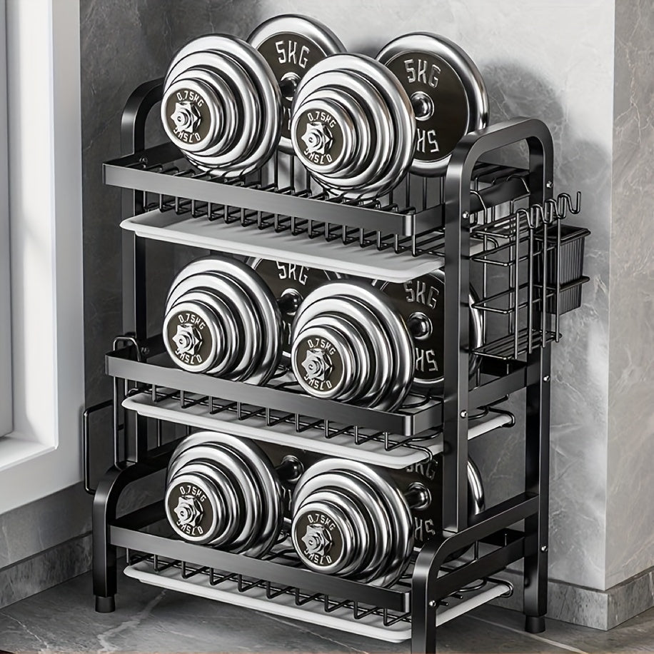 A Complete Set of High-Quality Carbon Steel Three-Layer Bowls, Plates, Chopsticks, Forks, Spoons, Cups, And a Cutting Board with a Draining And Storage Rack.