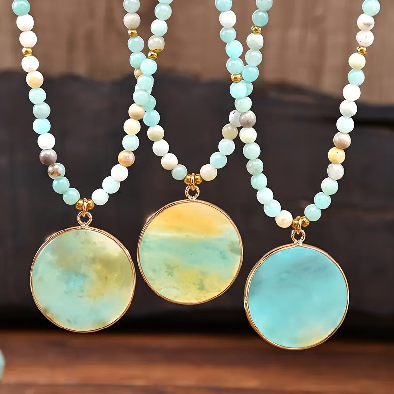 1pc Natural Stone Round Amazonite Pendant Necklace - Bohemian Style Multicolor Bead Chain Jewelry for Women, Casual Attire & Summer Vacation Gift, Year-Round Versatile Accessory