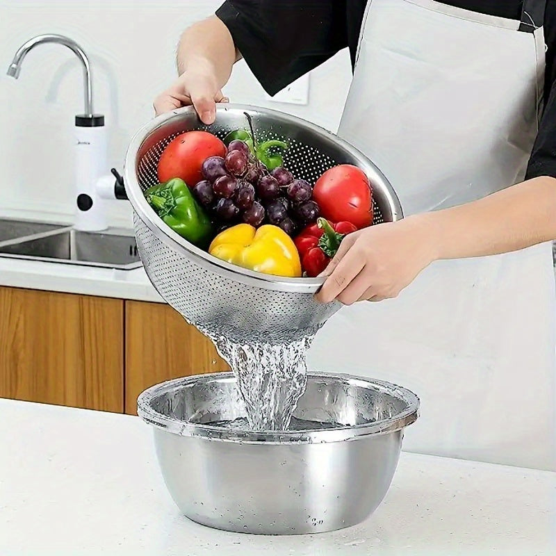 2pcs Stainless Steel Micro-Pore Filter Bowl Set – Multi-Purpose Colander & Mixing Basin for Washing Vegetables, Fruits, Rice & Draining Pasta | Extra-Thick Large Capacity, Dishwasher Safe & Rust-Proof