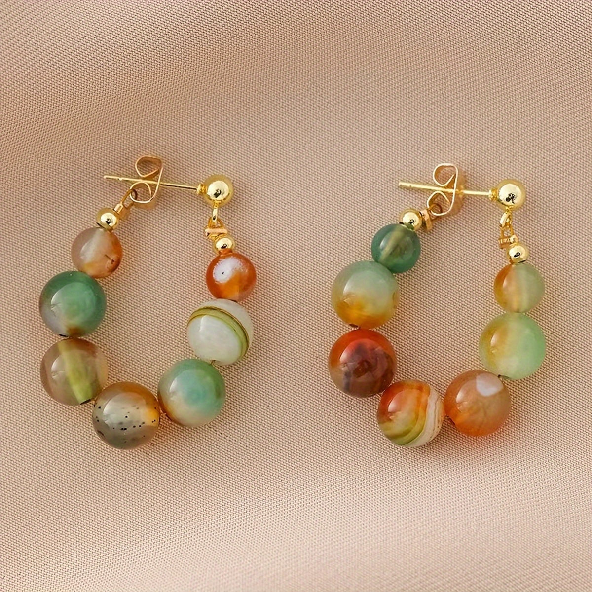 Pair of Vintage Bohemian Beaded Drop Earrings for Women – Colorful Marbled Stone Design, Golden-Tone Hooks, Perfect for Parties, Holidays, and Casual Attire, Quirky Earrings