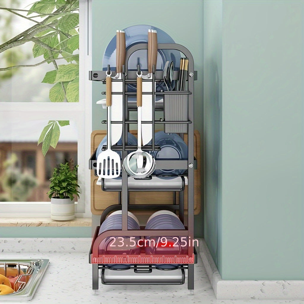 A Complete Set of High-Quality Carbon Steel Three-Layer Bowls, Plates, Chopsticks, Forks, Spoons, Cups, And a Cutting Board with a Draining And Storage Rack.