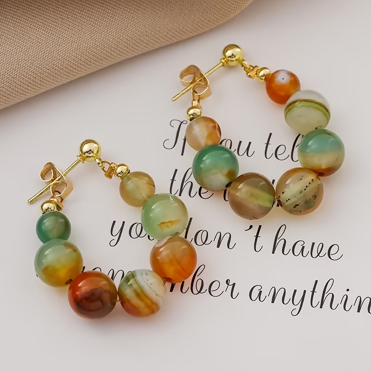 Pair of Vintage Bohemian Beaded Drop Earrings for Women – Colorful Marbled Stone Design, Golden-Tone Hooks, Perfect for Parties, Holidays, and Casual Attire, Quirky Earrings