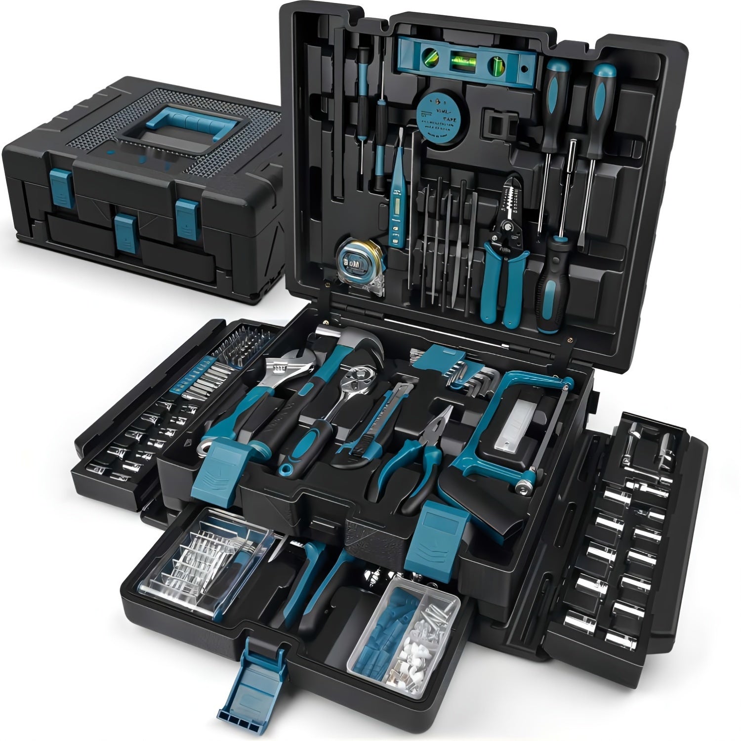 379pcs Complete Home Tool Kit - Portable Household & Auto Repair Tool Set with Drawer - General Purpose Hand Tools Storage Case - Comprehensive Basic Tool Box for Handyman, DIY & Homeowners - Alloy, Blue, No Assembly Required