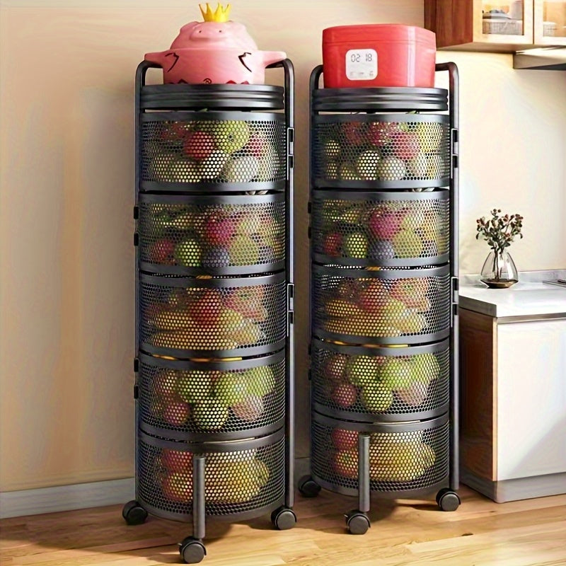 Easy No-Assembly Rotating Metal Storage Rack - Multi-Tier Black Wire Mesh Fruit & Vegetable Organizer with Wheels for Kitchen, Living Room - Sturdy Floor-Standing Shelf, Space-Saving Modern Home Decor, Minimalist Design, Dura