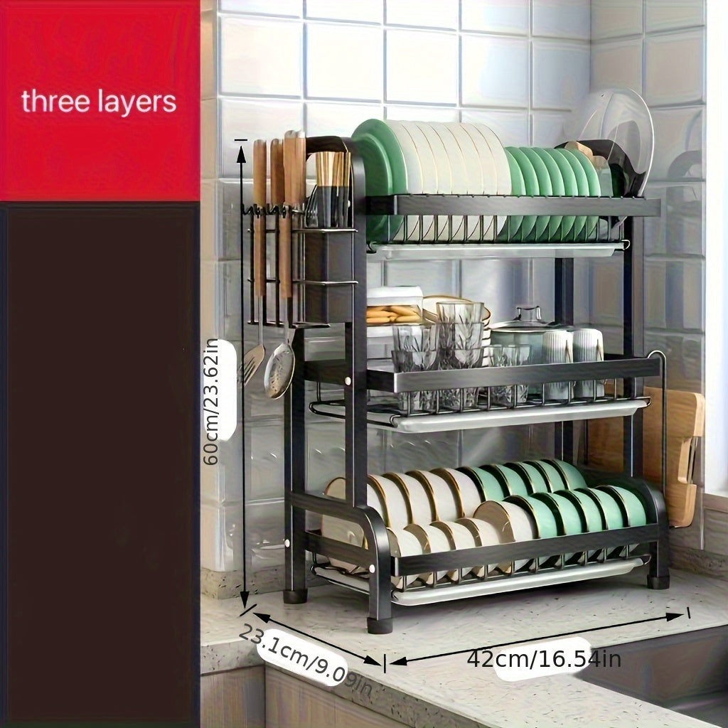 A Complete Set of High-Quality Carbon Steel Three-Layer Bowls, Plates, Chopsticks, Forks, Spoons, Cups, And a Cutting Board with a Draining And Storage Rack.
