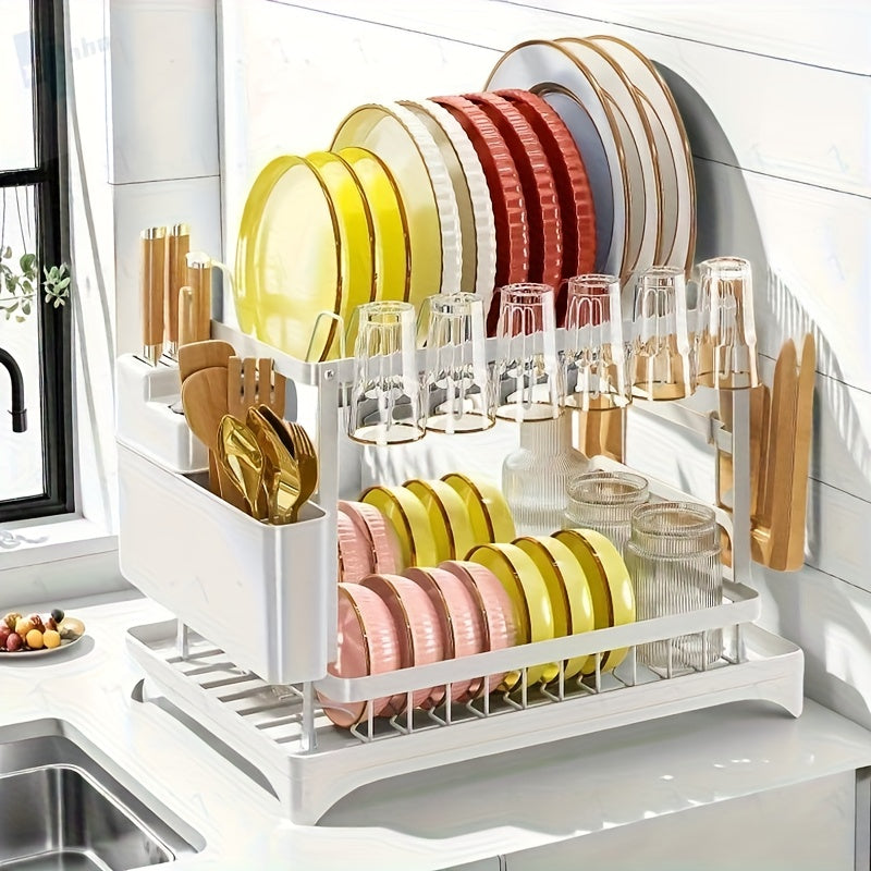 Heavy-Duty Carbon Steel Kitchen Dish Rack - Space-Saving Two-Tier Organizer with Drainage System, Compact Countertop Organizer for Plates, Bowls, Cups, Knives, Spoons - Ideal for Small Kitchens, Apartments, Restaurants - Easy