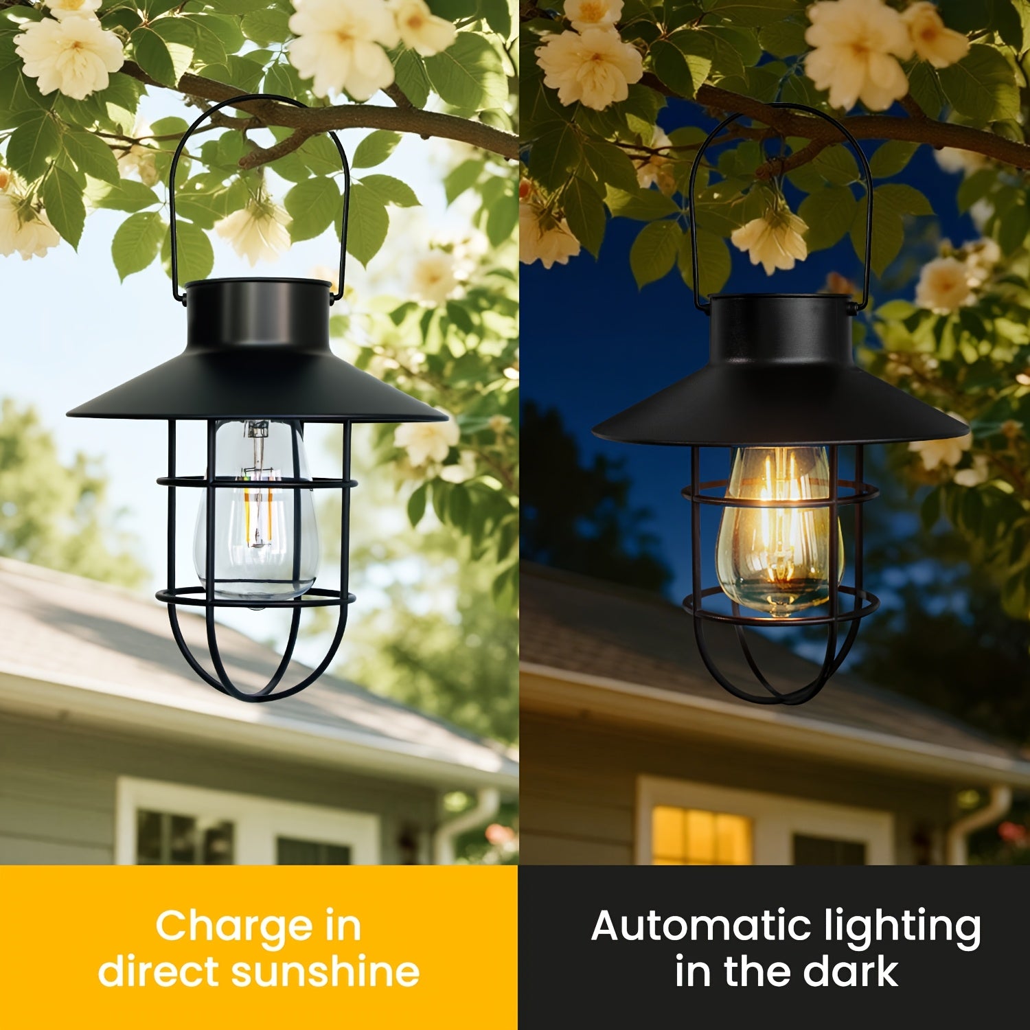 Set of 2 Solar Lanterns, Outdoor Hanging Solar Lights, Vintage LED Solar Lights with Handle for Patio Garden Patio Pathway Lawn Porch Decoration Set of 2 (Black)