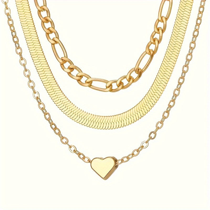 Golden Layers — Layered Heart Pendant Necklace Set (Retro Style)