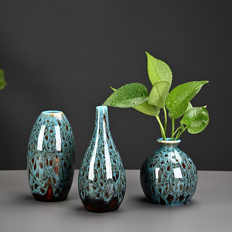 3pcs Blue Small Ceramic Flower Vases - Charming Matte Finish, Modern Boho Decor, Unique Mini Bud Vase Centerpieces For Home, Perfect For Coffee Table, Bookshelf, Mantel, Entrance