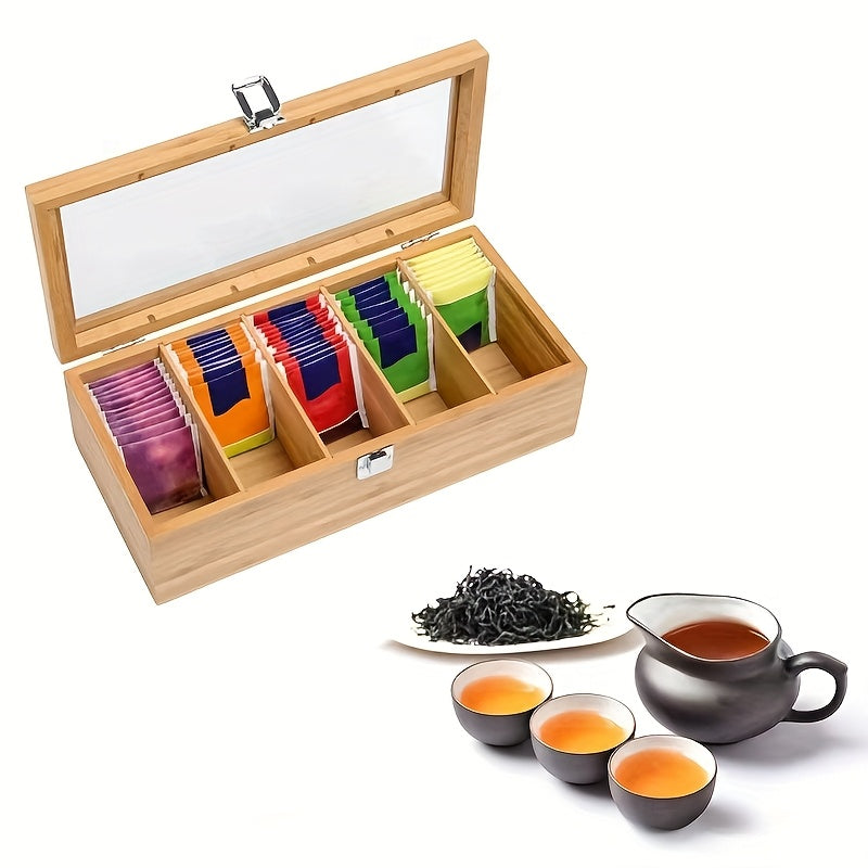 1pc Bamboo Tea Bag Organizer with Transparent Glass Lid - Multi-Compartment Storage Box for Tea, Coffee, and Desk Supplies, Natural Wood Finish, Colorful Tea Bag Display, Perfect for Kitchen or Office Organization, Tea Storag